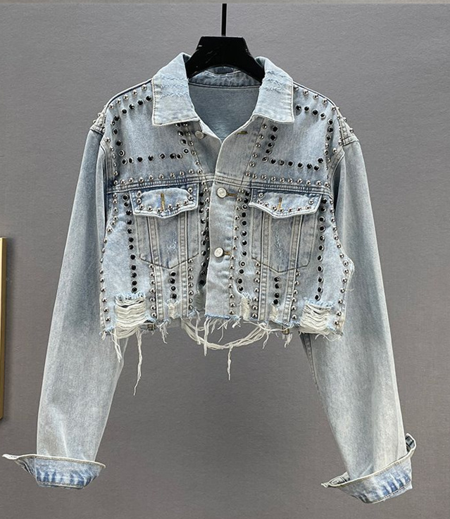 Denim Studded Crop Jacket — Raw Boutique